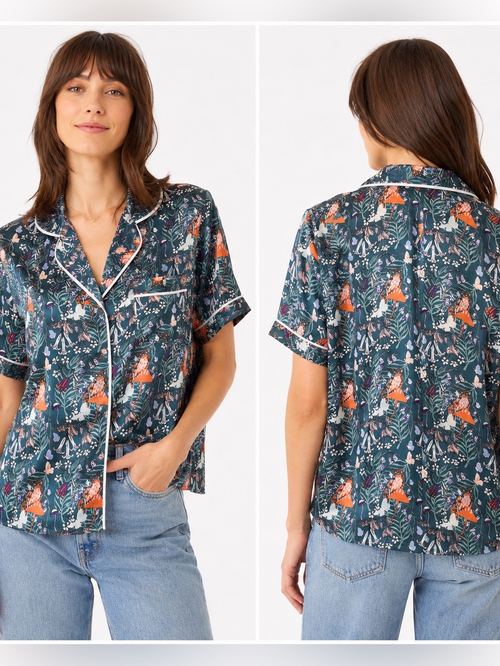 Their Nibs Woodland Owl Mushroom Satin Pajama Lounge Top Size S
